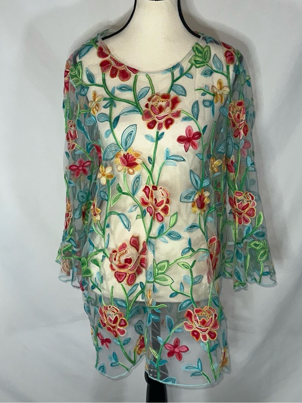 Sheer Floral Embroidered Tunic Oversized Boho Festival Medium Whimsy - Picture 2 of 9